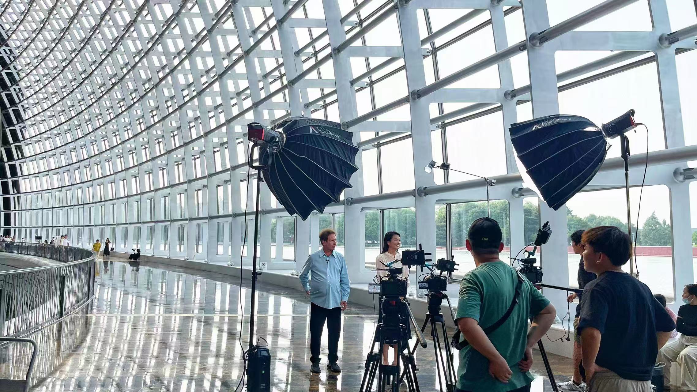 现代办公环境,几名员工在会议室讨论项目,光线明亮,背景有书架和绿植